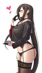 1girl ass black_choker black_gloves black_hair black_panties black_shirt black_thighhighs blue_archive blush breasts chela77 choker closed_eyes crop_top crop_top_overhang female_pubic_hair food from_side garter_belt gloves half_gloves hasumi_(blue_archive) heart highres holding holding_plate large_breasts long_hair long_sleeves macaron necktie no_pants panties plate pubic_hair red_necktie sailor_collar shirt simple_background smile solo thighhighs thighs underwear very_long_hair white_background white_sailor_collar