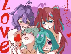 Rule 34 | 4girls, ahoge, akoya matama, anemo nemo, araga kiwi, blush, brown hair, closed eyes, fang, hair over one eye, highres, hiiragi utena, hug, long hair, looking at another, mahou shoujo ni akogarete, medium hair, multiple girls, nude, open mouth, pink background, purple eyes, qixiaqiu362, simple background, smile, twintails, yellow eyes, yuri