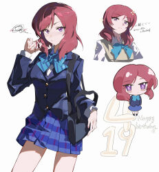1girl absurdres bag blue_bow blue_bowtie blue_jacket blue_skirt bow bowtie collared_shirt diagonal-striped_bow diagonal-striped_bowtie diagonal-striped_clothes happy_birthday highres jacket katachi_noboru_nishikino long_hair looking_at_viewer love_live! miniskirt nail_polish nishikino_maki otonokizaka_school_uniform parted_lips pink_nails pleated_skirt purple_eyes red_hair school_bag school_uniform shirt skirt striped_clothes twirling_hair white_background white_shirt wing_collar