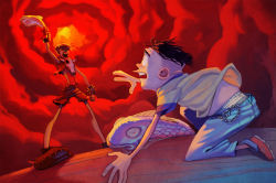 2boys blouse chain cloud cloudy_sky denim ed_edd_n_eddy eddy fish jeans log multiple_boys nipples pants red_theme rolf_(ed_edd_n_eddy) shirt skull sky underwear white_shirt