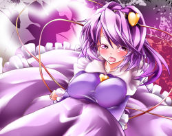 1girl bad_anatomy bad_id bad_pixiv_id blush dress female_focus hairband heart highres komeiji_satori ninopal poorly_drawn purple_hair red_eyes short_hair solo third_eye tongue touhou