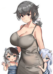 2girls aged_down alternate_costume black_hair braid breasts chestnut_mouth cleavage dress grey_dress hair_flaps hiding highres i-201_(kancolle) i-203_(kancolle) jingei_(kancolle) kantai_collection large_breasts long_hair low_ponytail multiple_girls osananajimi_neko peeking_out ponytail red_eyes simple_background single_braid spaghetti_strap striped_tank_top sundress tank_top waving white_background