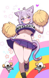 1girl :3 ahoge alternate_costume animal_ear_fluff animal_ears bare_arms bare_shoulders black_panties black_socks blush breasts cat_ears cat_girl cat_ornament cat_tail character_name cheerleader closed_mouth colored_inner_hair contrapposto crop_top crop_top_overhang curvy feet_out_of_frame food from_below hair_between_eyes hands_up highres holding holding_pom_poms hololive kani_bonara large_breasts looking_at_viewer medium_hair midriff miniskirt multicolored_hair navel nekomata_okayu no_bra onigiri onigirya_(nekomata_okayu) panties panty_peek pantyshot pleated_skirt pom_pom_(cheerleading) pom_poms purple_eyes purple_hair purple_skirt rainbow romaji_text shoes skirt smile sneakers socks standing standing_on_one_leg tail thigh_gap underboob underwear virtual_youtuber wide_hips