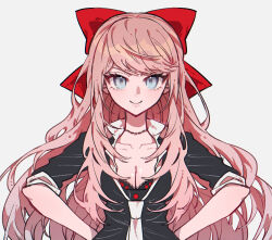1girl alternate_hairstyle black_shirt blue_eyes bow breasts cleavage collarbone danganronpa:_trigger_happy_havoc danganronpa_(series) enoshima_junko hair_bow hair_down hands_on_own_hips highres long_hair looking_at_viewer necktie red_bow shimaya shiny_skin shirt simple_background smile solo upper_body white_background white_necktie