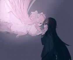 a_umanee akemi_homura black_hair bow closed_eyes comforting face-to-face grey_background hand_on_another&#039;s_face highres kaname_madoka long_hair looking_at_another mahou_shoujo_madoka_magica pink_hair red_bow twintails ultimate_madoka very_long_hair