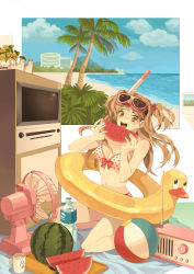 1girl apple972 aqua_nails bad_id bad_pixiv_id ball beach beachball bikini bird blush bottle breasts brown_eyes brown_hair cat cleavage cloud cup day diving_mask duck eating electric_fan female_focus flower food front-tie_top fruit goggles hair_bobbles hair_ornament highres innertube inzup long_hair medium_breasts mug nail_polish navel ocean open_mouth original outdoors palm_tree polka_dot polka_dot_bikini polka_dot_swimsuit radio sitting snorkel solo summer swim_ring swimsuit television tree twintails wariza water water_bottle watermelon