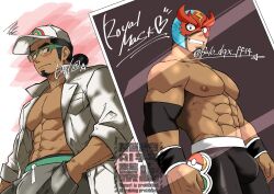 1boy abs absurdres artist_name balo_dqx_ff14 bara black_pants blush bulge character_name coat commentary_request facial_hair glasses goatee grey_pants grin hat highres lab_coat male_focus masked_royal muscular muscular_male navel nintendo nipples open_clothes open_coat pants pectorals photo_(object) pokemon pokemon_sm ponytail professor_kukui smile sweatdrop topless_male white_hat