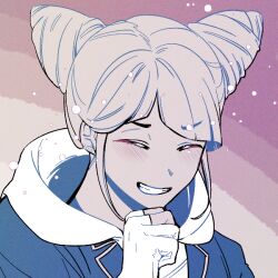 Rule 34 | 1girl, ^ ^, b1ue e4rth, blunt bangs, closed eyes, commentary, cone hair bun, double bun, grin, hair bun, hand on own chin, hashtag-only commentary, hood, hood down, hoodie, jasmine (toshi densetsu kaitai center), limited palette, short hair, smile, solo, teeth, toshi densetsu kaitai center, upper body