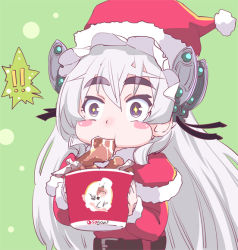 ! !! 10s 1girl blush blush_stickers butterfly_hair_ornament chaika_trabant chicken_(food) eating eyebrows female_focus food green_background hair_ornament hairband hat hitsugi_no_chaika lolita_hairband long_hair purple_eyes santa_costume santa_hat solo star-shaped_pupils star_(symbol) symbol-shaped_pupils touge_hiro white_hair