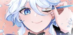 1girl air_bubble blue_eyes blue_hair blue_nails bubble closed_mouth commentary drop-shaped_pupils furina_(genshin_impact) genshin_impact holding looking_at_viewer one_eye_closed pink_background shiba_(tonari_no_shiba_inu) short_hair simple_background smile solo symbol-shaped_pupils white_hair