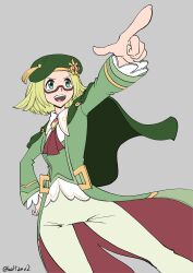 1girl absurdres bianca_(champion)_(pokemon) bianca_(pokemon) blonde_hair cape commission dutch_angle green_cape green_eyes green_hat grey_background hand_on_own_hip hat highres nintendo official_alternate_costume open_mouth pokemon pokemon_masters_ex red-framed_eyewear semi-rimless_eyewear simple_background solo superbaltanv2