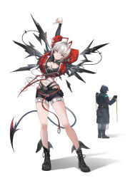 1boy 1girl absurdres antenna_hair arknights boots breasts closed_eyes demon_girl demon_horns demon_tail demon_wings doctor_(arknights) full_body grey_hair highres horns mechanical_wings medium_breasts rope second-party_source shinebell shorts smile standing stretching tail w_(arknights) white_background wings wis&#039;adel_(arknights)