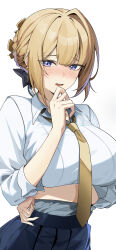 1girl absurdres alternate_costume arm_under_breasts blonde_hair blue_skirt blush breasts commentary_request evelyn_chevalier hair_up hand_on_own_chin hand_up highres korean_commentary large_breasts looking_at_viewer mole mole_under_eye necktie open_mouth pleated_skirt purple_eyes shirt simple_background sinigo01 skirt solo upper_body white_background white_shirt yellow_necktie zenless_zone_zero