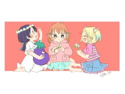 Rule 34 | 3girls, aged down, barefoot, blonde hair, blue ribbon, blue skirt, commentary request, dress, flower, flower wreath, frilled skirt, frills, hair ornament, hair ribbon, head wreath, hinoshita kaho, hinoshita kaho (young), holding, holding flower, hood, hoodie, kase (ks lys), kodomo no hi, link! like! love live!, love live!, low twintails, medium hair, miniskirt, multiple girls, murano sayaka, orange hair, osawa rurino, osawa rurino (young), pink hoodie, pink shirt, purple shirt, rabbit hair ornament, ribbon, shirt, short hair, short sleeves, short twintails, skirt, striped clothes, striped shirt, twintails, two side up, virtual youtuber, white dress, white flower