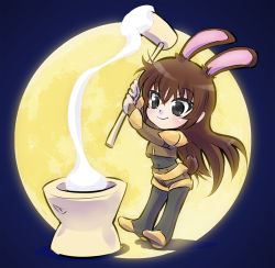 1girl animal_ears armor black_eyes brown_hair chibi female_focus food full_body full_moon highres iesupa kine long_hair mallet mochi mochitsuki moon mortar_(bowl) navel rabbit_ears rabbit_tail rwby shoulder_armor smile solo tail velvet_scarlatina wagashi