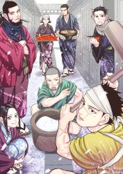 2girls 5boys alternate_costume aqua_kimono asirpa black_eyes black_hair blue_kimono bowl decoy00xx facial_hair facial_scar goatee golden_kamuy hair_slicked_back hair_strand happi headband inkarmat japanese_clothes kimono kiroranke long_sideburns male_focus messy_hair mochitsuki multiple_boys multiple_girls ogata_hyakunosuke purple_kimono red_kimono sandals scar scar_on_arm scar_on_cheek scar_on_face scarf shiraishi_yoshitake short_hair sideburns stubble sugimoto_saichi tanigaki_genjirou undercut white_footwear yellow_kimono