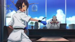 1boy 1girl armchair bird black_hair blue_gloves blue_sky bob_cut bow bowtie buttons chair clenched_hands cloud cloudy_sky collared_shirt daitoku_junna dark-skinned_female dark_skin day dougi embarrassed fat fat_man formal_clothes fukuda_tomonori game_cg gloves grey_eyes highres indoors jacket judo karate karate_gi lapels long_sideburns martial_arts martial_arts_belt nagafukada_sumio non-web_source notched_lapels office official_art open_mouth pants parrot red_shirt robotics;notes shiny_skin shirt short_hair sideburns sky striped_suit suit suit_jacket tarou_(robotics;notes) teeth tongue upper_teeth_only vertical-striped_suit white_bow white_bowtie white_pants white_shirt window