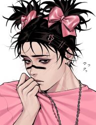 Rule 34 | 1boy, black eyes, black hair, blush, choso (jujutsu kaisen), earrings, eyebrow piercing, face piercing, facial tattoo, hair ornament, hairclip, highres, jewelry, jujutsu kaisen, looking at viewer, male focus, piercing, pink shirt, shirt, short hair, short twintails, simple background, solo, takk1mi, tattoo, twintails, upper body, white background