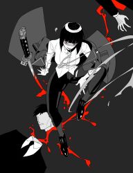 Rule 34 | 1boy, 1girl, black hair, blood, bloody weapon, bob cut, cigarette, coat, collared shirt, commentary, decapitation, english commentary, faceless, faceless male, formal clothes, from above, highres, limbus company, long sleeves, looking at viewer, monochrome, off shoulder, pants, project moon, red eyes, ryoshu (project moon), shaded face, shirt, short hair, simple background, sitting, smile, smoking, spot color, suit, twendytwo, weapon, white shirt