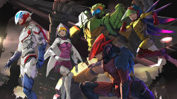 1girl 4boys armor everyone gatchaman highres jinpei_the_swallow joe_the_condor jun_the_swan ken_the_eagle looking_at_viewer mechanical_wings multiple_boys power_armor redesign ryu_the_owl sunkilow visor visor_(armor) wings
