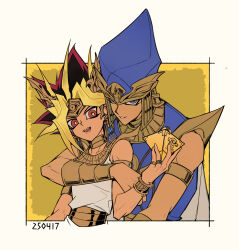 2boys ancient_egyptian_clothes atem bare_shoulders black_hair blonde_hair blue_eyes border dark-skinned_male dark_skin highres male_focus millennium_puzzle multicolored_hair multiple_boys priest_seto purple_eyes purple_hair saka_nagiya simple_background spiked_hair upper_body white_border yellow_background yu-gi-oh! yu-gi-oh!_duel_monsters