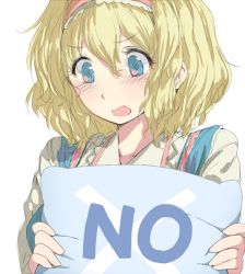 1girl alice_margatroid blonde_hair blue_eyes blush female_focus geppewi hairband no open_mouth pillow short_hair simple_background solo touhou upper_body white_background yes-no_pillow