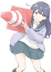 1girl akara_kai black_hair black_socks blue_neckerchief blue_sailor_collar blue_skirt borrowed_character cardigan feet_out_of_frame grey_cardigan highres kantai_collection long_hair neckerchief pleated_skirt sailor_collar school_uniform serafuku shirt simple_background skirt socks solo traffic_cone ushio_(kancolle) white_background white_shirt