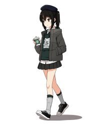 Rule 34 | 1girl, beret, black hair, black hat, black shoes, black skirt, brown eyes, brown hair, closed mouth, collared shirt, cup, disposable coffee cup, disposable cup, dress shirt, full body, green hoodie, green socks, grey jacket, hand in pocket, hat, highres, holding, holding cup, hood, hood down, hoodie, jacket, long sleeves, multicolored hair, nanju bami, open clothes, open jacket, original, pleated skirt, ponytail, puffy long sleeves, puffy sleeves, shadow, shirt, shoes, simple background, skirt, socks, solo, streaked hair, walking, white background, white shirt, white socks