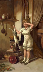 1girl amibazh animal_ears blonde_hair bottle crying curtains faux_traditional_media fine_art_parody food fox_ears fox_girl fox_tail hair_between_eyes indoors jar kitchen kudamaki_tsukasa night open_mouth parody rabbit ribbon romper short_hair short_sleeves smile solo spoon stove tail touhou vegetable white_romper window