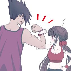 1boy 1girl alternate_costume blunt_bangs brown_hair crop_top danganronpa_(series) danganronpa_v3:_killing_harmony facial_hair goatee hair_ornament hair_scrunchie harukawa_maki highres long_hair low_twintails midriff mole mole_under_eye momota_kaito muscular muscular_male navel pale_skin red_eyes red_scrunchie red_shirt satori_(aosky9077) scrunchie shirt spiked_hair stomach twintails