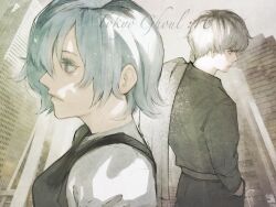 1boy 1girl black_hair black_shirt black_vest blue_hair from_side highres kirishima_touka long_sleeves multicolored_hair sasaki_haise shirt short_hair stfr_(stfr_kaz) tokyo_ghoul tokyo_ghoul:re two-tone_hair vest white_hair