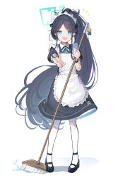 Rule 34 | kei (robot) (blue archive), 1girl, absurdres, apron, aris (blue archive), aris (maid) (blue archive), blue archive, blue halo, broom, dress, frilled apron, frills, halo, highres, long hair, maid, maid apron, maid headdress, official alternate costume, open mouth, pantyhose, ponytail, puffy short sleeves, puffy sleeves, short sleeves, smile, somray, v, very long hair, white apron, white pantyhose, wristband