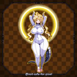 1girl arms_behind_head arms_up artist_name blonde_hair bodysuit border breasts brown_background checkered_background closed_mouth commission covered_erect_nipples covered_navel dragon_girl dragon_horns dragon_tail female_focus full_body glowing halo happy horns large_breasts legs long_hair matching_hair/eyes mature_female notsafeforpixel original outline sidelocks smile solo standing tail thick_thighs thighs toeless_bodysuit twitter_username watermark wavy_hair white_bodysuit white_horns wide_hips yellow_eyes yellow_halo yellow_outline