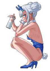 1girl absurdres blue_eyes blue_leotard breasts double_bun dragon_girl_(wuju59) dragon_horns eiferqimuyu full_body grey_hair hair_bun high_heels highres horns leotard looking_at_viewer original playboy_bunny rabbit_tail ribs sideways_glance simple_background small_breasts solo tail white_background