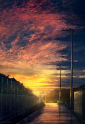 cloud cloudy_sky commentary_request fence forest highres mks multicolored_sky nature no_humans original outdoors power_lines red_sky revision scenery sky sunset twitter_username utility_pole yellow_sky