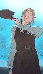 1girl absurdres aquarium chainsaw_man dress earrings fami_(chainsaw_man) fish fourth_east_high_school_uniform hat highres himuro_yukichiko holding holding_unworn_clothes holding_unworn_hat jewelry mole mole_under_mouth multiple_moles pinafore_dress ringed_eyes school_uniform sleeveless sleeveless_dress solo starfish tassel tassel_earrings translation_request unworn_hat unworn_headwear