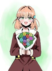 1girl :d blue_flower blush bouquet breasts brown_dress commentary cowboy_shot crossed_bangs dress flower gradient_background green_background green_eyes green_flower grey_flower hair_between_eyes hair_intakes hair_ornament hasu_no_sora_school_uniform highres hinoshita_kaho holding holding_bouquet large_breasts link!_like!_love_live! long_sleeves looking_at_viewer love_live! medium_hair open_mouth orange_flower orange_hair pink_flower pleated_dress purple_flower rabbit_hair_ornament ranunculus red_flower rikku_ito sad_smile sailor_collar sailor_dress school_uniform simple_background smile solo standing straight-on tearing_up two_side_up white_sailor_collar winter_uniform yellow_flower