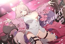 1girl animal_ears black_bra bow bra breasts brown_fur brown_hair commentary_request commission covered_erect_nipples fbc fox_ears fox_girl fox_tail game_boy hair_bow handheld_game_console indoors kneeling large_breasts long_hair looking_back nipples open_mouth original outstretched_arms pink_bow pink_eyes shirt skeb_commission smile solo spread_arms tail thigh_strap unbuttoned underwear unworn_bra white_shirt