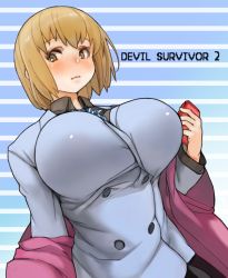blue_background breasts brown_eyes brown_hair cellphone copyright_name devil_survivor_(series) devil_survivor_2 huge_breasts necktie nitta_io phone sachito school_uniform short_hair skirt solo striped_background striped_necktie striped_neckwear white_background