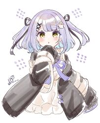 1girl :o black_jacket black_ribbon blue_hair blush commentary_request dress ghost_hair_ornament gradient_hair grey_hair hair_ornament hair_ribbon hairclip hand_up highres jacket long_sleeves looking_at_viewer multicolored_hair open_clothes open_jacket parted_lips puffy_long_sleeves puffy_sleeves purple_ribbon ribbon rino_cnc shinomiya_runa simple_background sleeveless sleeveless_dress sleeves_past_fingers sleeves_past_wrists solo two_side_up virtual_youtuber vspo! white_background white_dress x_hair_ornament yellow_eyes
