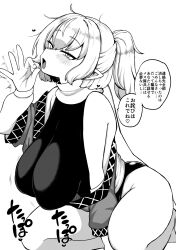 1girl alternate_breast_size arm_warmers barefoot blush breasts commentary_request fellatio_gesture full_body greyscale half_updo heart highres himajin_noizu large_breasts leotard leotard_under_clothes looking_at_viewer mizuhashi_parsee monochrome open_mouth pointy_ears ponytail sagging_breasts scarf seiza shirt_partially_removed short_hair short_ponytail simple_background sitting solo touhou translation_request