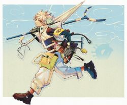 1boy amulet armband belt_buckle belt_pouch boots buckle cropped_vest doll drop_shadow eotoast gachiakuta glasses gloves grey_gloves hammer hamsa highres holding holding_staff hood hoodie looking_at_viewer male_focus multicolored_hair pants paper_cutout pouch power_cord red_eyes rudo_surebrec running scissors short_hair sky spiked_hair staff umbrella vest white_hair white_pants white_vest