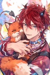 1boy amagi_rinne animal artist_name blue_eyes chain chain_necklace choker commentary_request dated demon_boy demon_tail earrings ensemble_stars! fox hair_between_eyes highres holding holding_animal horn_ornament horns jewelry looking_at_viewer lower_teeth_only male_focus multiple_necklaces multiple_rings necklace parted_lips red_hair ring short_hair solo spiked_choker spikes tail teeth xuchuan