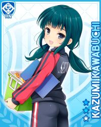 1girl :d aqua_hair black_jacket black_pants blue_background card_(medium) character_name clipboard cooler female_focus girlfriend_(kari) grey_eyes jacket kawabuchi_kazumi official_art open_mouth pants qp:flapper ribbon school_uniform shirt smile solo tagme track_jacket track_suit twintails white_shirt