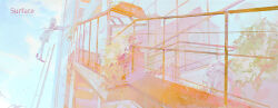 1girl artist_name balcony blue_sky cloud commentary day dress english_commentary from_side full_body highres ladder long_hair long_sleeves original outdoors outstretched_arm pantyhose plant potted_plant railing red_shoes shoes sky solo standing very_long_hair watermark white_dress white_hair white_pantyhose wide_shot window yingfeng862
