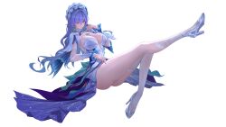 1girl absurdres asymmetrical_legwear blue_eyes blue_flower breasts cantarella_(wuthering_waves) chinese_commentary commentary_request dress facial_mark fingernails flower hair_between_eyes hair_flower hair_ornament headdress high_heels highres kneehighs large_breasts long_hair mark_under_eye mole mole_under_eye nail_polish partial_commentary purple_hair purple_nails ruo_zhishi_chu_jian shoes shrug_(clothing) simple_background single_kneehigh single_sock single_thighhigh socks solo thighhighs thighs uneven_legwear wet wet_clothes wet_dress wet_socks wet_thighhighs white_background white_dress white_shoes white_shrug white_socks white_thighhighs wuthering_waves