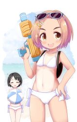 2girls ball beach beachball bikini black_hair closed_eyes cocozasa eyewear_on_head flat_chest highres idolmaster idolmaster_cinderella_girls loli multiple_girls navel one-piece_tan open_mouth ryuzaki_kaoru sasaki_chie side-tie_bikini_bottom sparkle stomach sunglasses swimsuit tan tanline teeth upper_teeth_only water water_gun white_bikini yellow_eyes