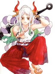 1girl club club_(weapon) cuffs earrings geta green_hair hair_ornament hakama handcuffs highres holding holding_weapon horns japanese_clothes jewelry kanabou kimono looking_at_viewer one_piece ponytail reaching reaching_towards_viewer red_hakama rope shimenawa sidelocks simple_background sinoda_maru7326 sitting sleeveless sleeveless_kimono solo weapon white_background white_hair white_kimono yamato_(one_piece)