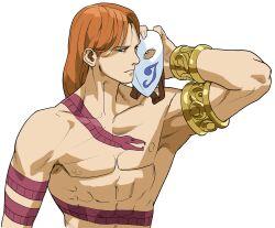 1boy bengus blonde_hair blue_eyes braid game_cg highres holding holding_mask long_hair male_focus mask non-web_source official_art orange_hair pectorals portrait sideways_glance simple_background snake_tattoo solo street_fighter street_fighter_zero_(series) tattoo upper_body vega_(street_fighter) very_long_hair