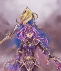 2girls another_eden arm_at_side armor blonde_hair blue_cape boobplate breastplate breasts cape closed_mouth commentary_request couter crossed_bangs crystal deirdre_(another_eden) double-parted_bangs dual_persona embers faulds fire floating_cape floating_hair gauntlets gem gloves gold_trim gorget grey_cape hair_between_eyes hatching_(texture) headpiece holding holding_sword holding_weapon light_persona linear_hatching long_hair looking_at_viewer magic medium_breasts michibata_65 multiple_girls orange_eyes outstretched_arm pauldrons plackart ponytail purple_fire purple_gloves purple_hair red_gemstone shoulder_armor smoke standing sword tassel tassets vambraces weapon
